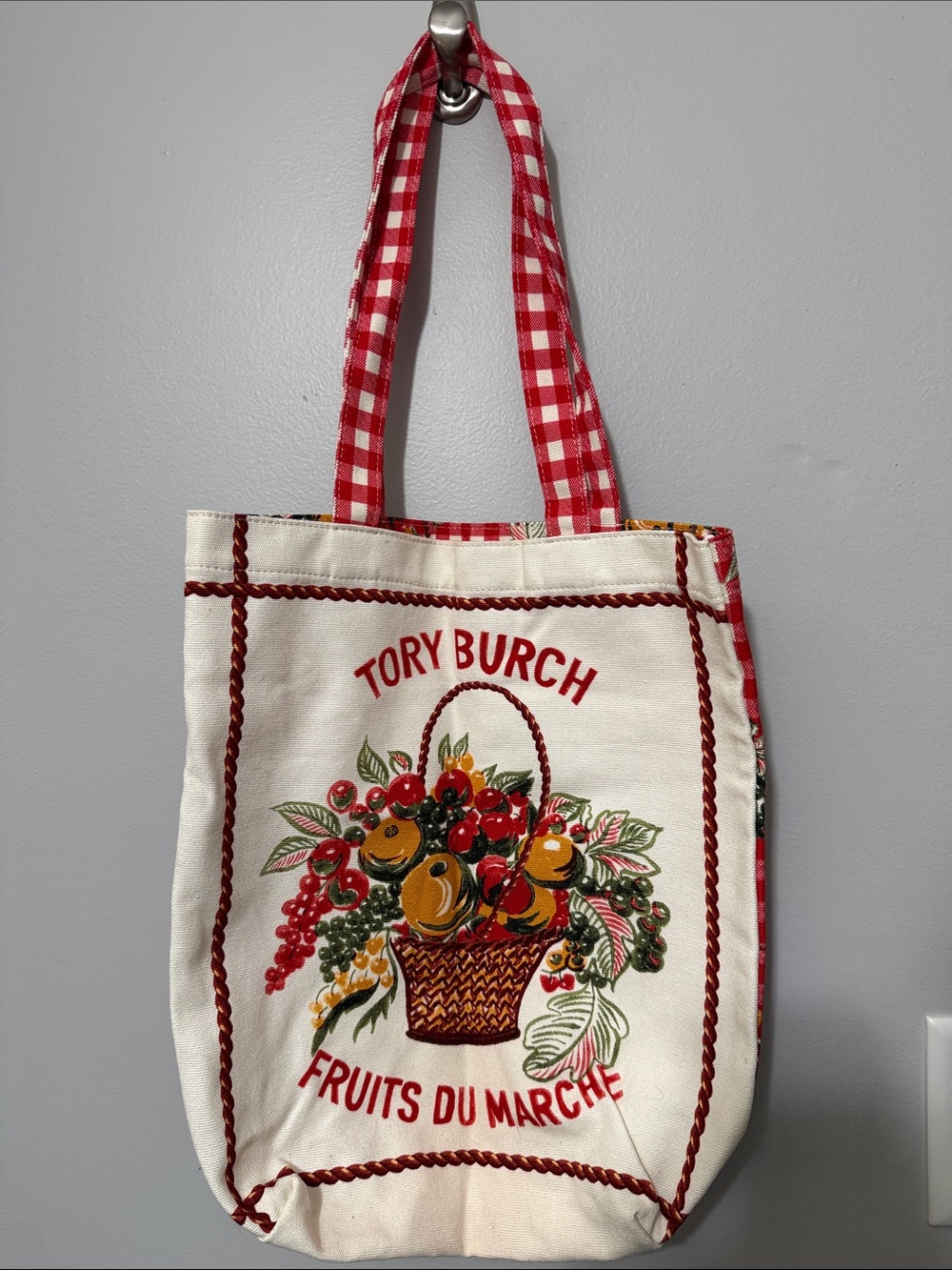 Tory Burch Cream Canvas Tote with Red Gingham Handles and Multicolor Fruit Print